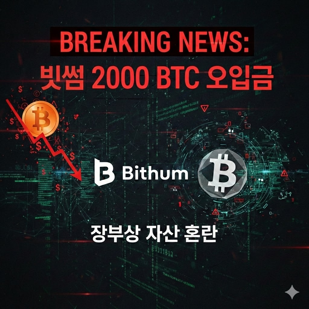 어두운 배경에 붉은색 텍스트로 "BREAKING NEWS: 빗썸 2000 BTC 오입금" 문구가 강조된 스타일