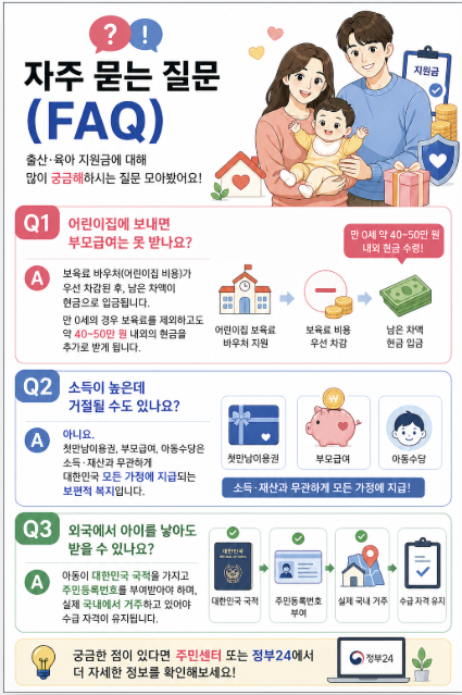 출산지원금 FAQ 어린이집 보내면 부모급여 아동수당 소득 기준 해외 출산 지급 조건 정리