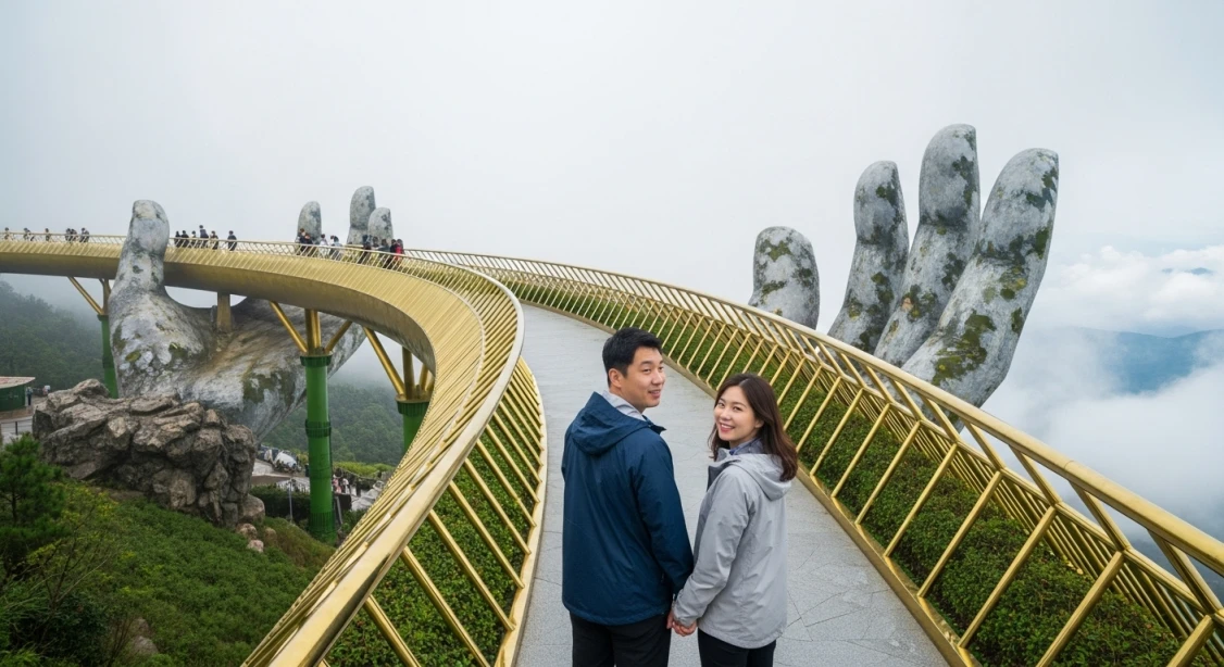 11월 다낭 바나힐 황금다리에서 바람막이 점퍼를 입고 관광하는 한국인 커플