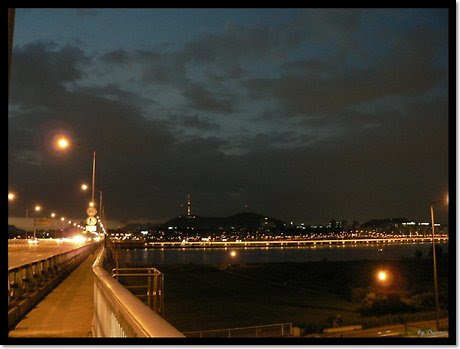 서울 반포대교 남단에서 북쪽을 향해 바라본 야경. 강변북로를 따라 이어진 차량들의 불빛이 한강 수면 위에 길게 반사되며, 다리 위의 가로등과 차량 불빛이 어두운 강 위로 역동적인 궤적을 만든다. 멀리 남산타워가 밤하늘 위로 희미하게 솟아 있다.