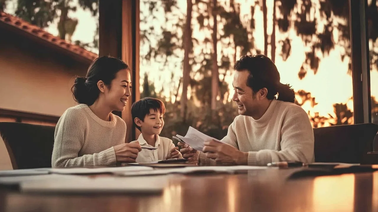 가족이 아늑한 집에서 ETF를 활용한 절세 선물 전략을 논의하며 투자 계획을 세운다. 따뜻한 분위기와 친밀한 대화는 투자 효율성을 높인다.