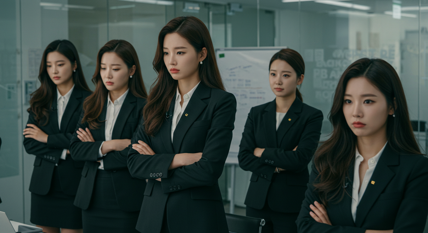 불만이 있는 표정으로 서있는 다섯 여성