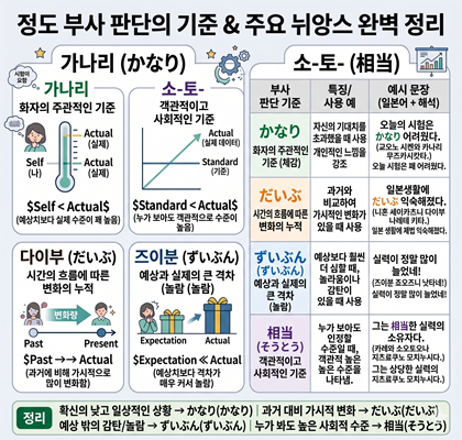일본어 정도 부사 가나리(かなり), 다이부(だいぶ), 즈이분(ずいぶん), 소토(相当)의 차이점과 뉘앙스 비교 정리표