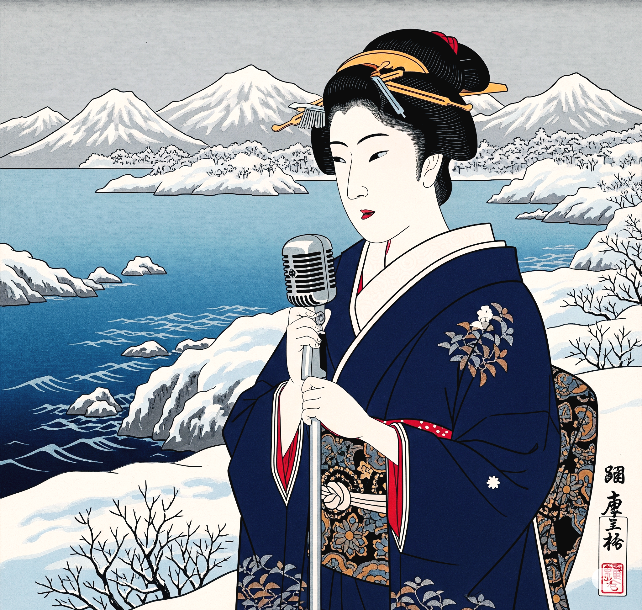 津軽海峡의 겨울 풍경 앞에서 노래하는 여인