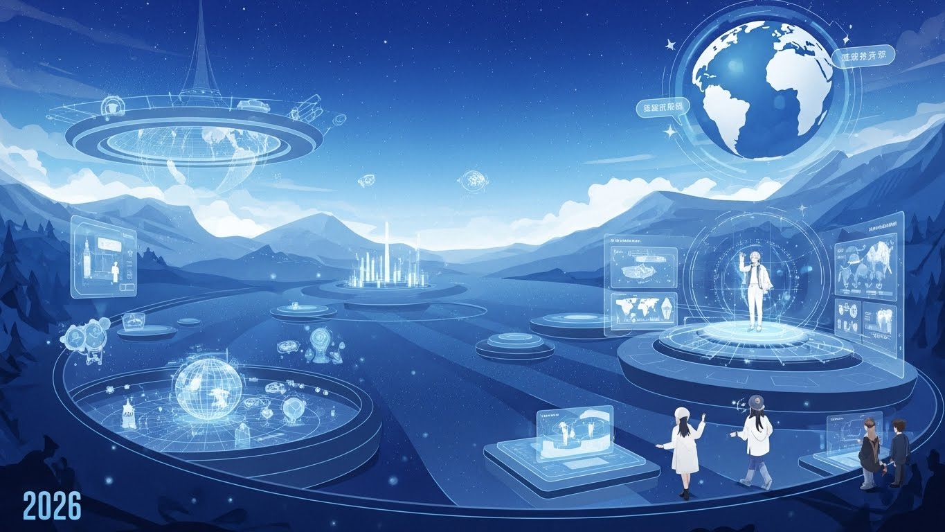 가상 무대와 AI 인터페이스가 어우러진 미래 지향적인 2026년 K-POP 산업의 모습