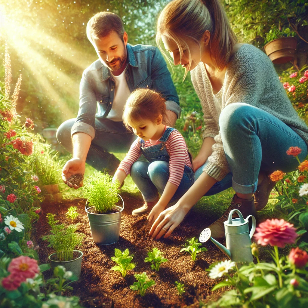 뒷마당 정원에서 가족이 함께 꽃을 심는 장면. 부모가 아이가 흙을 파고 씨앗을 심는 것을 도와주고 있으며&amp;#44; 밝은 햇살과 만발한 꽃들이 어우러져 협력과 즐거움이 느껴지는 장면
