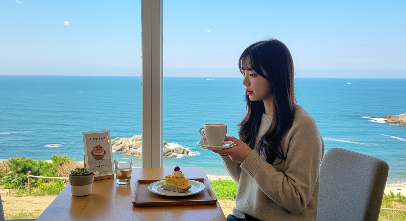 강릉 바다뷰 카페에서 디저트와 커피를 즐기는 한국 여성