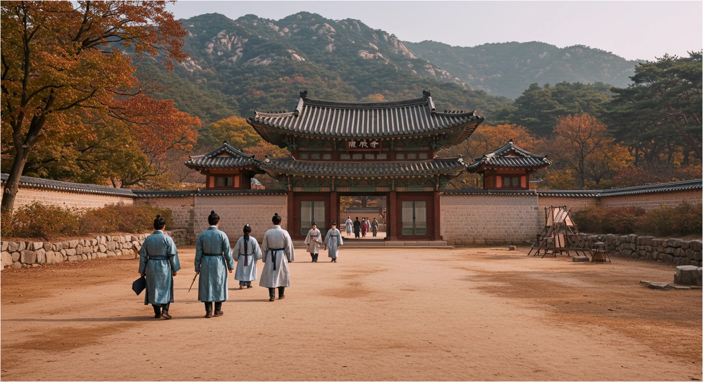 오픈세트장을 배경으로 조선시대 복장의 인물들이 입구를 지나가는 모습. 산과 단풍이 어우러진 귀궁 촬영지 분위기.