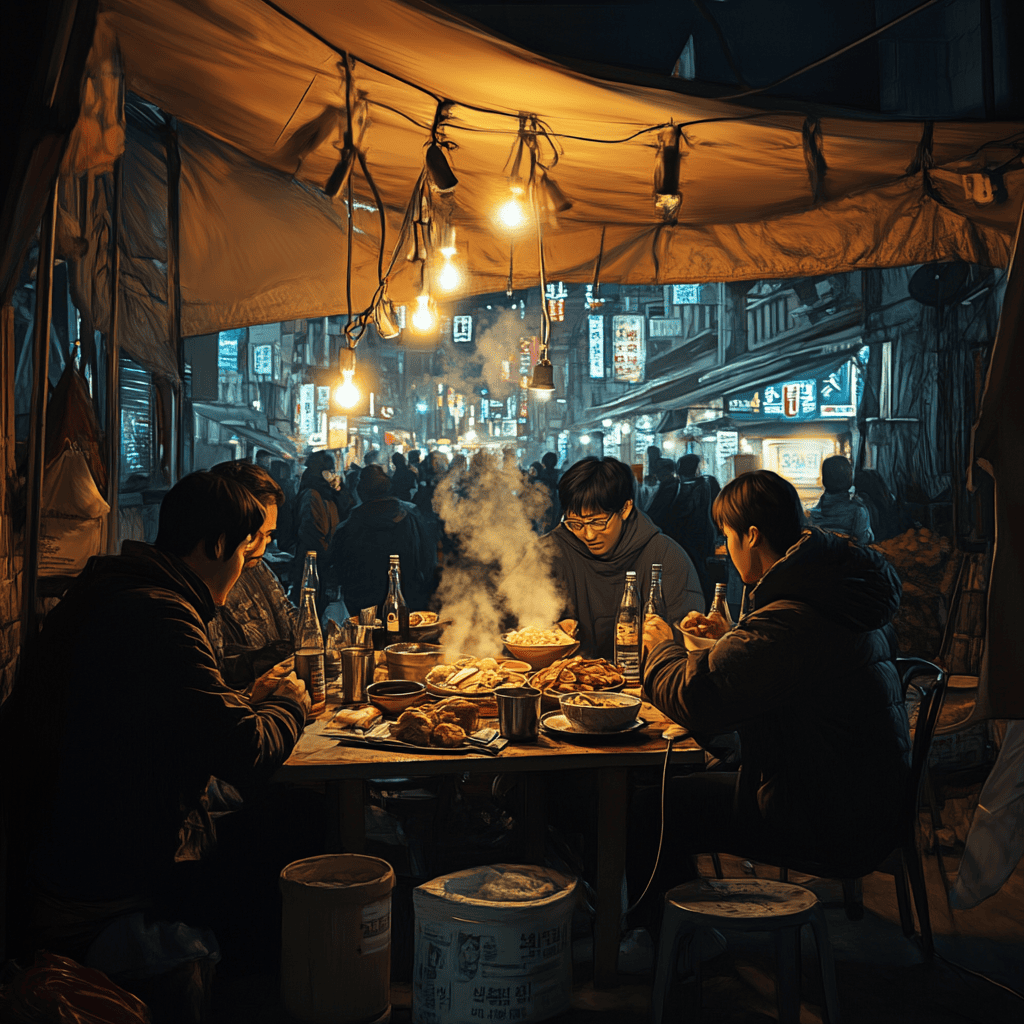겨울밤 포장마차의 따뜻한 불빛 아래서 친구들이 모여 뜨거운 음식을 나누며 이야기하는 모습