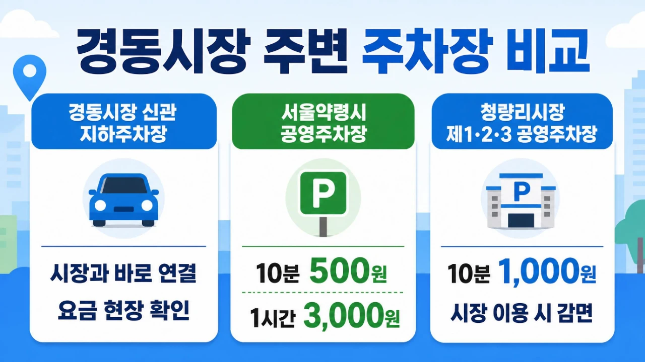 경동시장 신관 지하주차장 서울약령시 공영주차장 청량리시장 공영주차장 비교