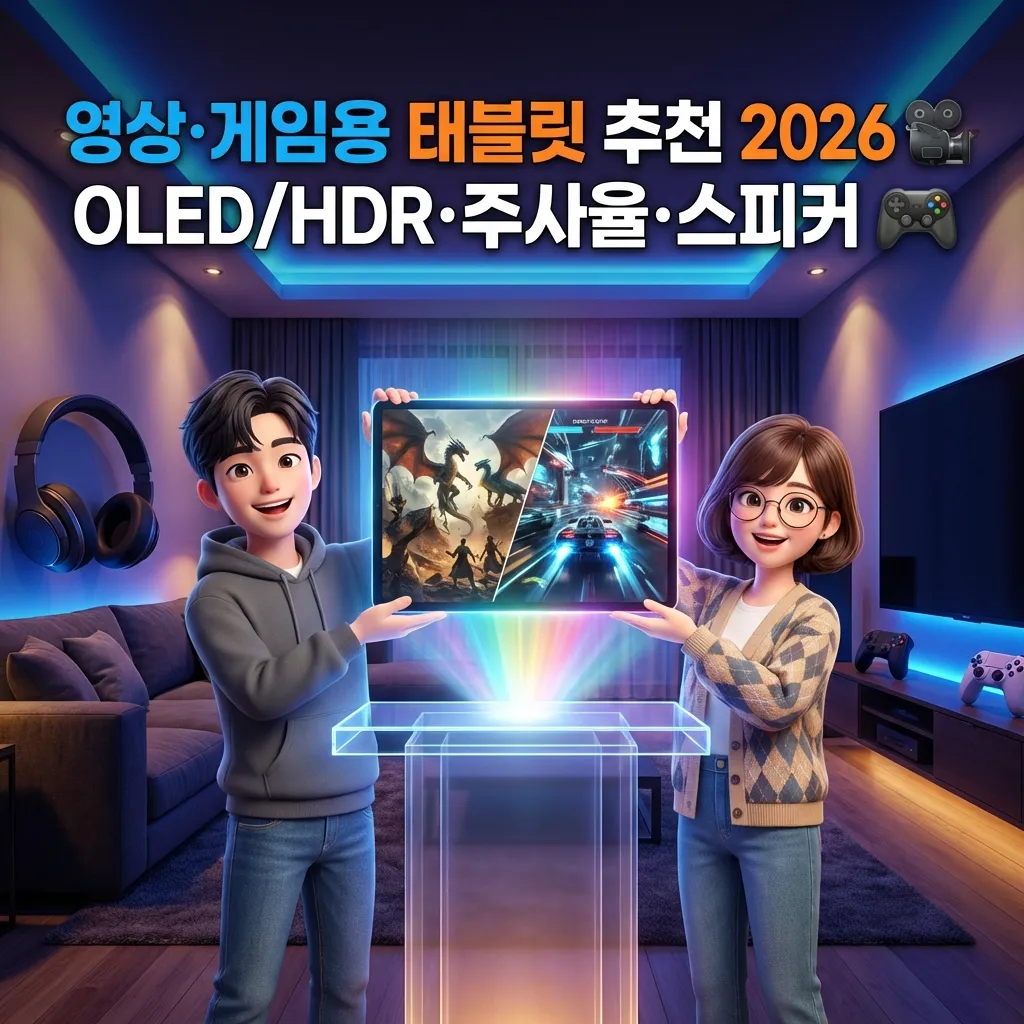 2026년 영상 게임용 태블릿 추천 OLED HDR 주사율 스피커 Widevine 기준으로 선택하는 방법을 설명하는 한국인 3D 캐릭터와 엔터테인먼트 룸 배경
