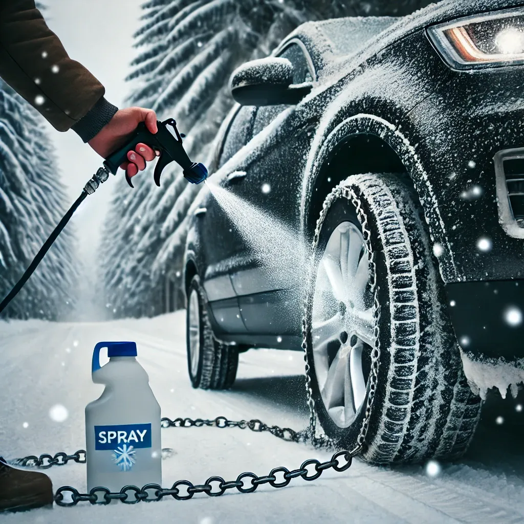 스프레이 체인을 타이어에 뿌리는 모습과 눈 덮인 도로