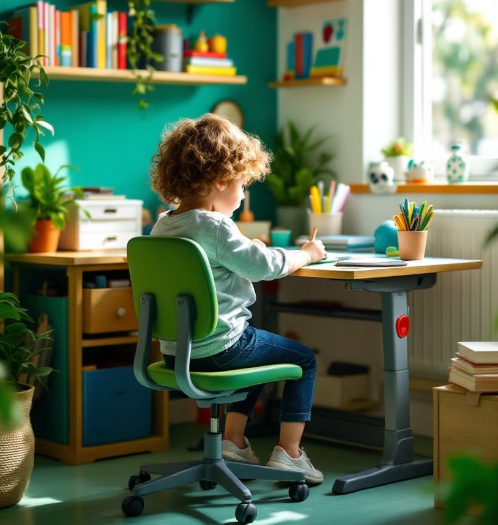 책상에 바른 자세로 앉아있는 아이