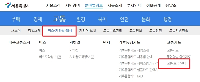 교통 정보 페이지에서 교통요금안내 메뉴 클릭