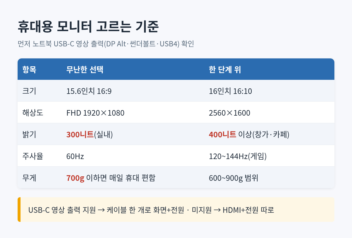 휴대용 모니터 고르는 기준 표: 15.6인치 FHD, 밝기 300·400니트, 무게 700g, USB-C 영상 출력 확인