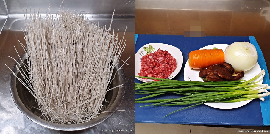 잡채에 들어가는 재료 사진 (당면, 소고기, 당근, 양파, 표고버섯, 쪽파)