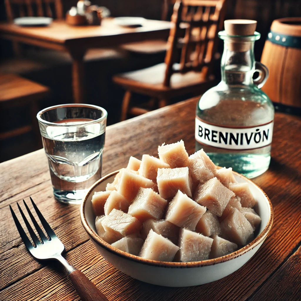 삭힌 상어고기가 작은 큐브 형태로 담겨 있으며, 아이슬란드 전통 술 브레니빈(Brenniv&iacute;n)과 함께 제공되는 모습을 담았습니다.