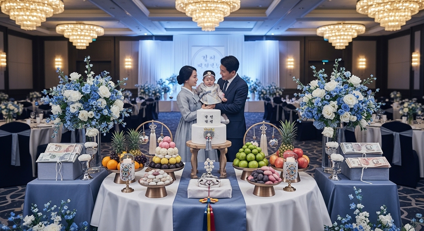 화려하고 우아하게 장식된 럭셔리 호텔 돌잔치 홀의 전경. 모던한 돌상 위로 전통적인 음식과 돌잡이 용품이 놓여 있고, 부모가 아기를 따뜻하게 바라보고 있다.