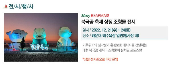 해운대 북극곰 축제는 얼어붙은 북극해에서 유유히 헤엄치는 북극곰처럼 한겨울 추운 날씨에도 바닷물에 뛰어들어 수영을 즐길 수 있는 축제입니다.