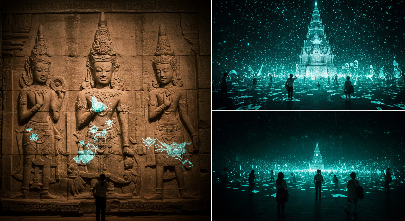 전통 유산과 디지털 아트가 조화롭게 어우러진 장면