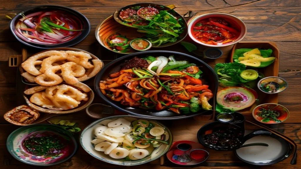 오징어 간장 조림과 야채 볶음 요리가 담긴 식탁