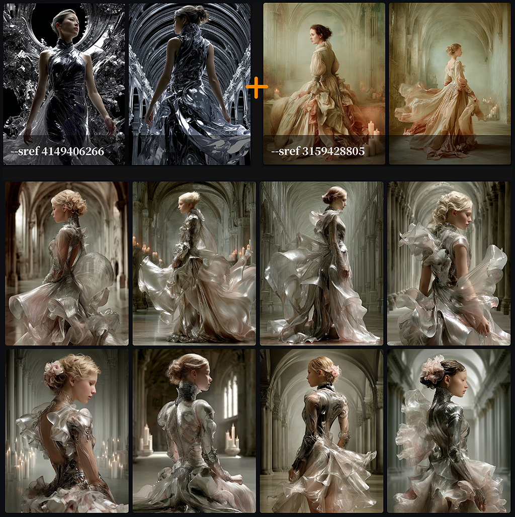 스타일 믹스 실험, 차가운 금속 질감의 의상과 따뜻한 촛불 조명의 대비가 공존하는 감성적인 여성 포트레이트 이미지_Midjourney