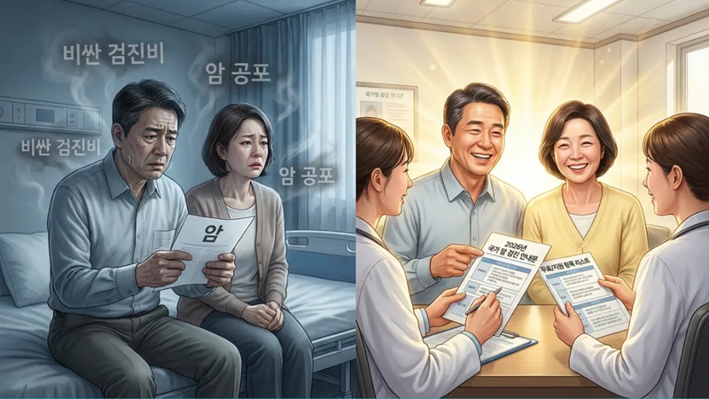 암 걱정과 비싼 검진 비용에 부담을 느끼던 중장년 남녀가 2026년 국가 지원 암 검진 혜택을 확인하고 조기에 암을 예방하여 건강과 경제적 이득을 얻는 Before/After 모습. 국가 암 검진 정책과 암 예방.