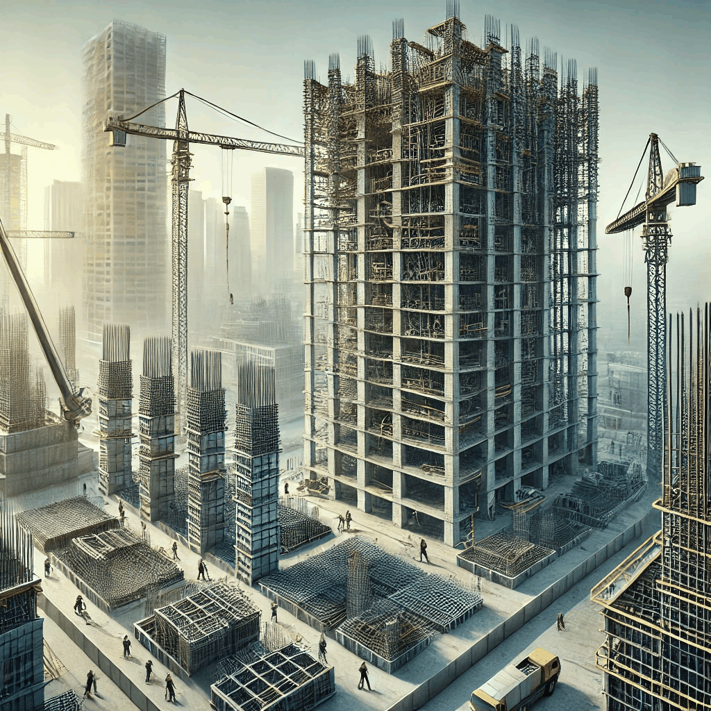 철근콘크리트 구조로 고층 건물을 건축하는 이미지