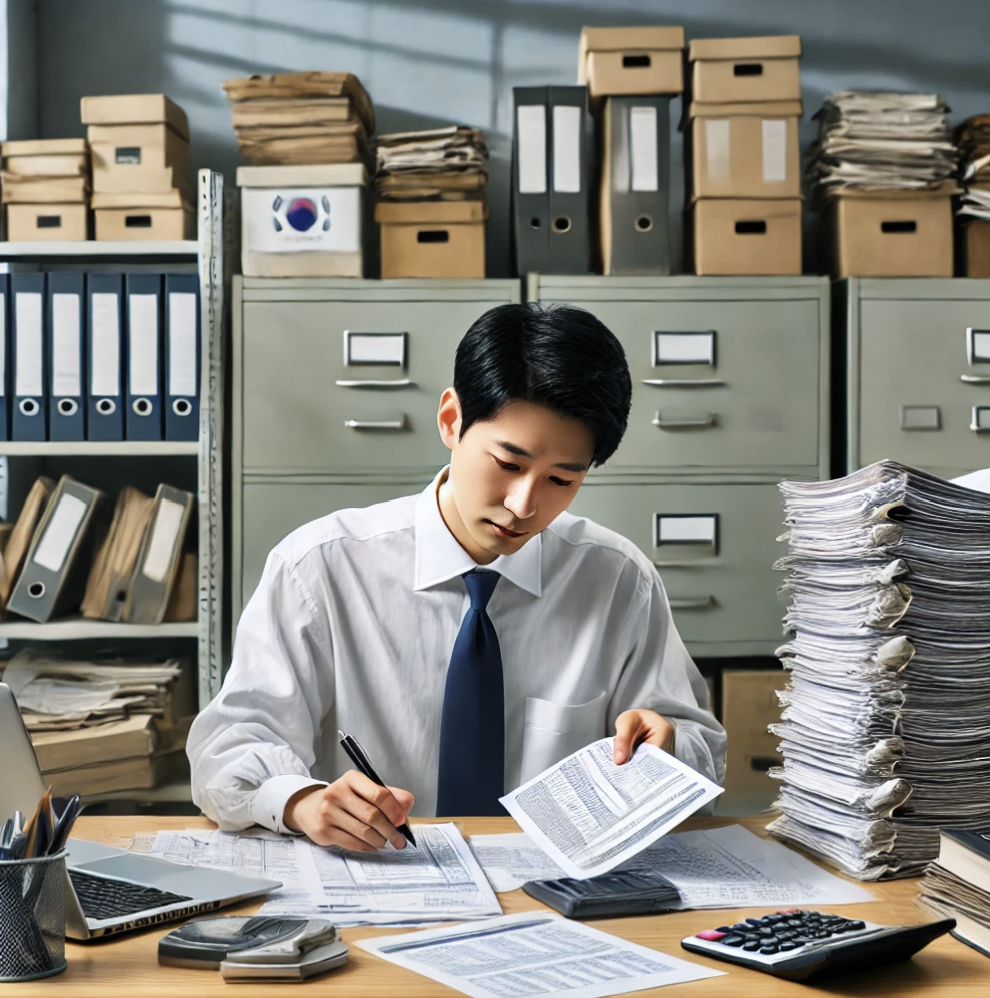 세무 서류를 작업하는 회계사의 사무실.