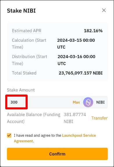 NIBI 코인 수량을 지정하고 스테이킹