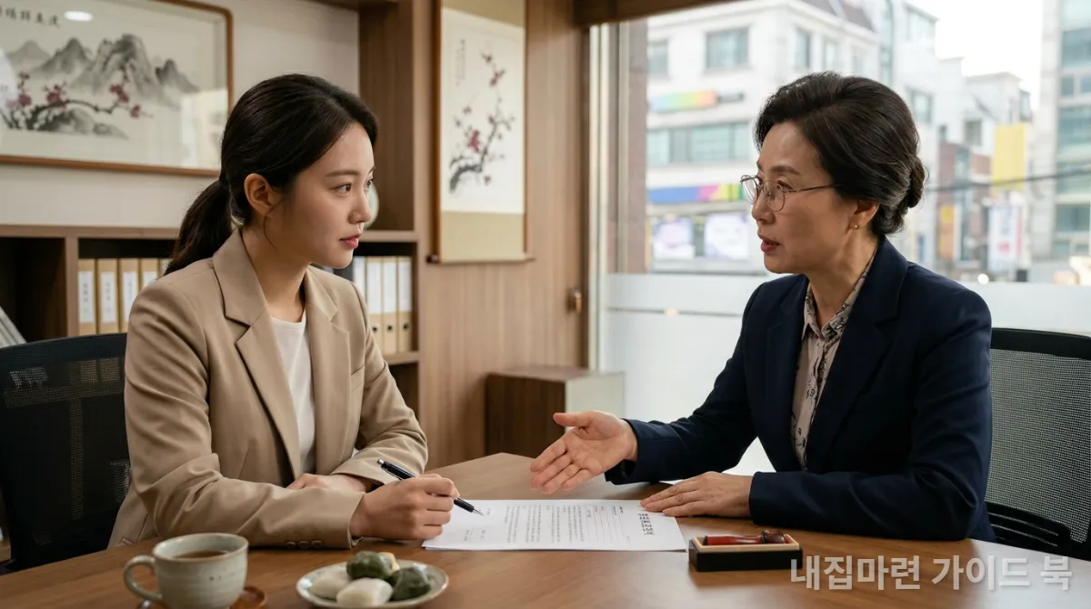 집주인과 세입자가 전월세 계약 조건을 협상하는 모습