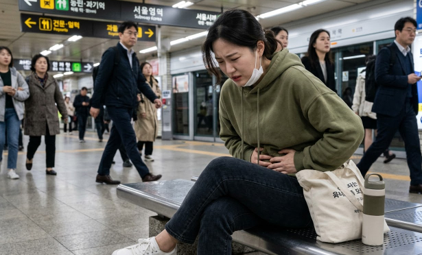 복통으로 배를 감싸 쥐고 있는 사람의 모습