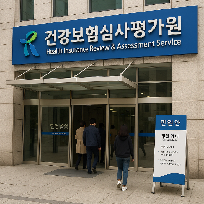 서울에 위치한 건강보험심사평가원 건물 외부 전경의 모습
