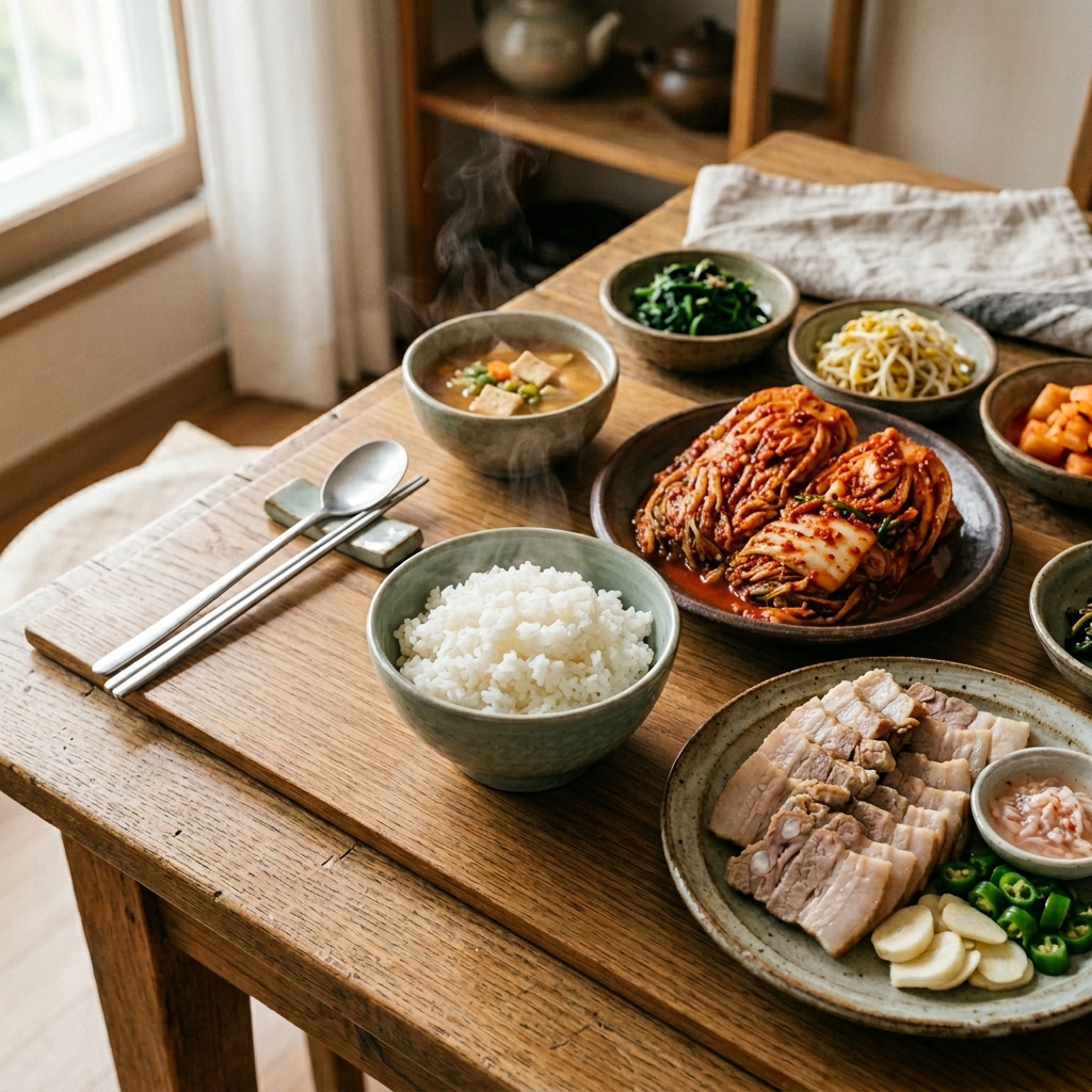 갓 지어 김이 모락모락 나는 흰 쌀밥과 방금 버무린 전라도 김치, 그리고 야들야들하게 삶아진 수육이 놓인 한국의 가정식 밥상. 따뜻하고 포근한 집안 분위기가 느껴짐