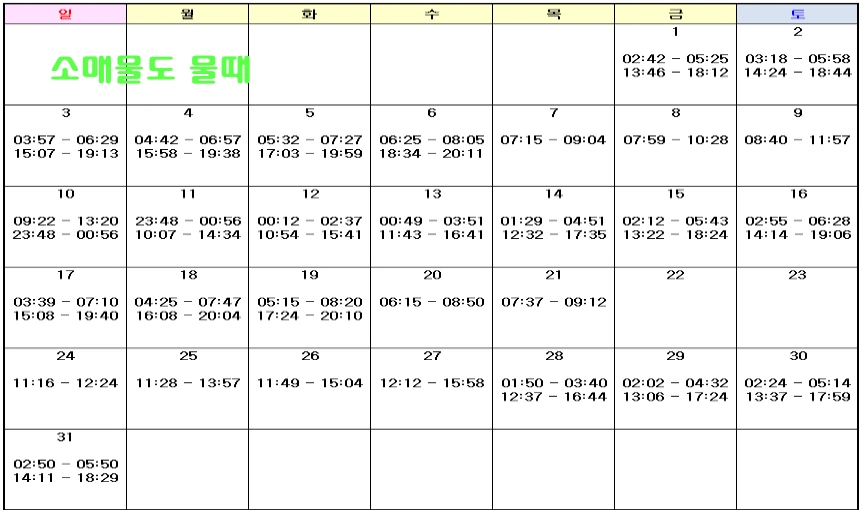 통영 소매물도 물때시간 표입니다.