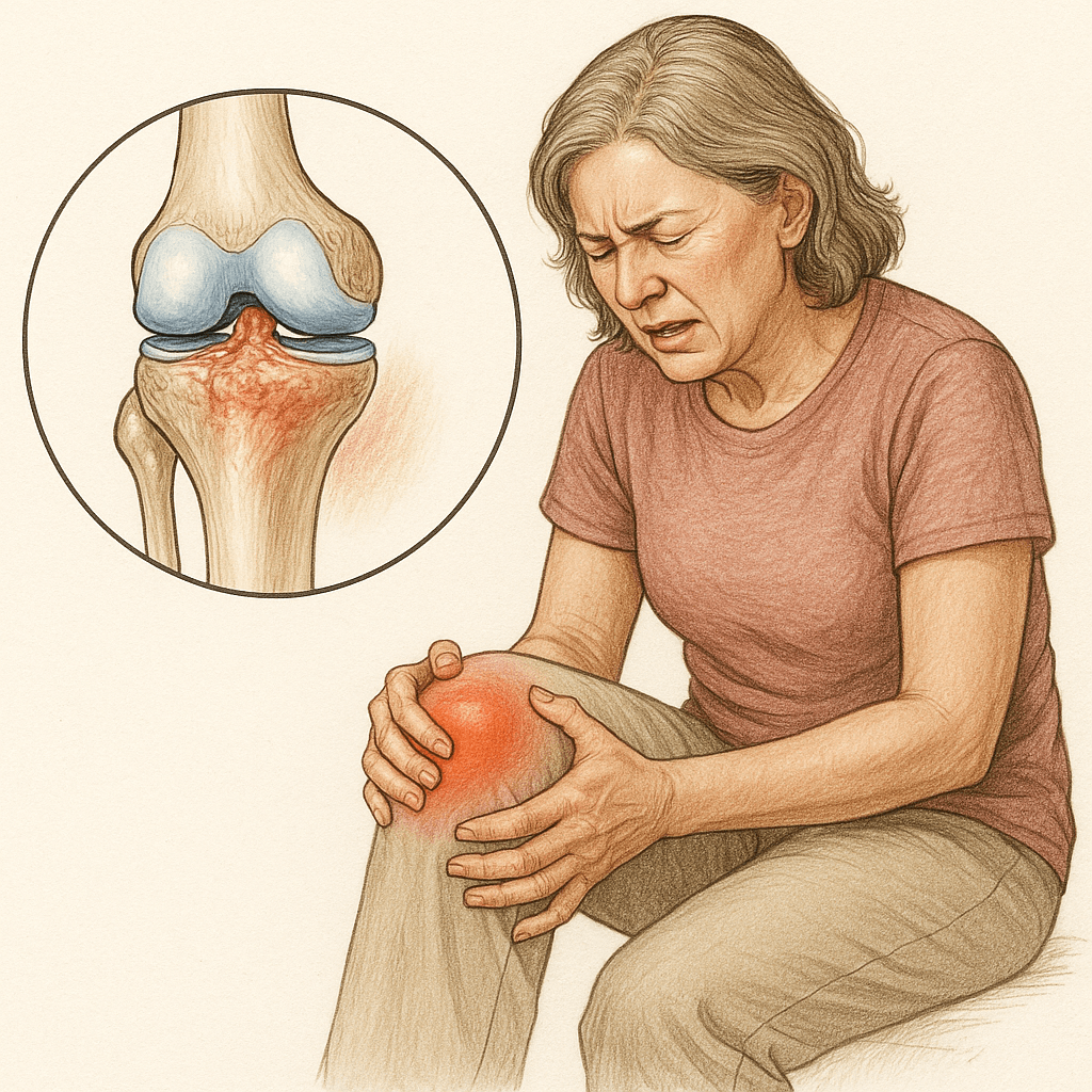 여성이 무릎을 잡고 통증을 호소하는 모습(출처**자체제작)