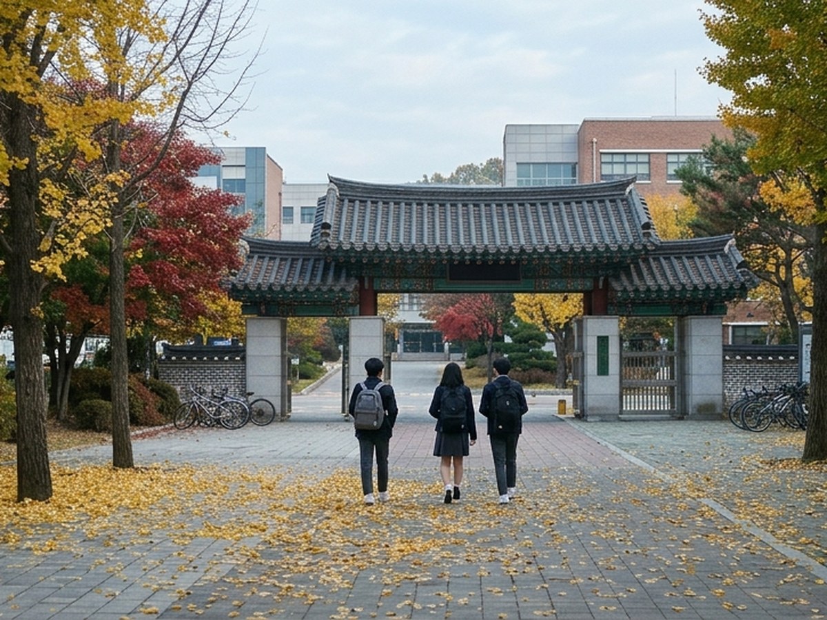 늦가을 아침 은행잎이 깔린 고등학교 교문 앞으로 걸어가는 학생들