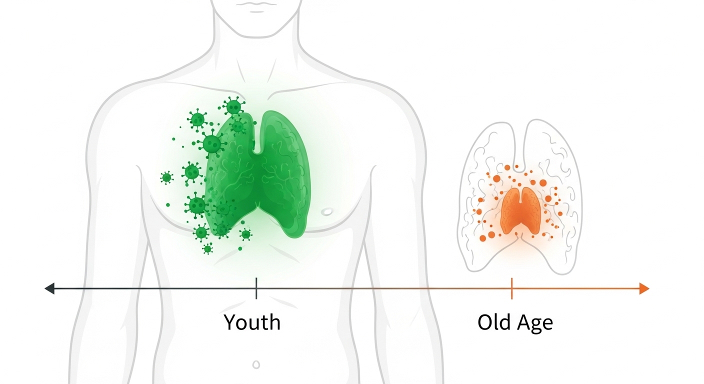 나이가 들면서 퇴화하는 흉선과 그에 따른 T세포 생성 능력 감소를 보여주는 인포그래픽.
