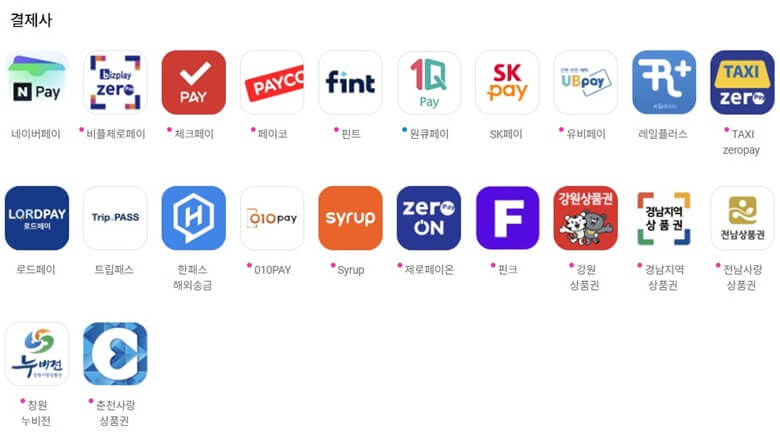 제로페이 결제사로 네이버페이, 비플제로페이, 페이코 등 29개 결제가 가능한 결제사 고유 로고를 나열한 그림