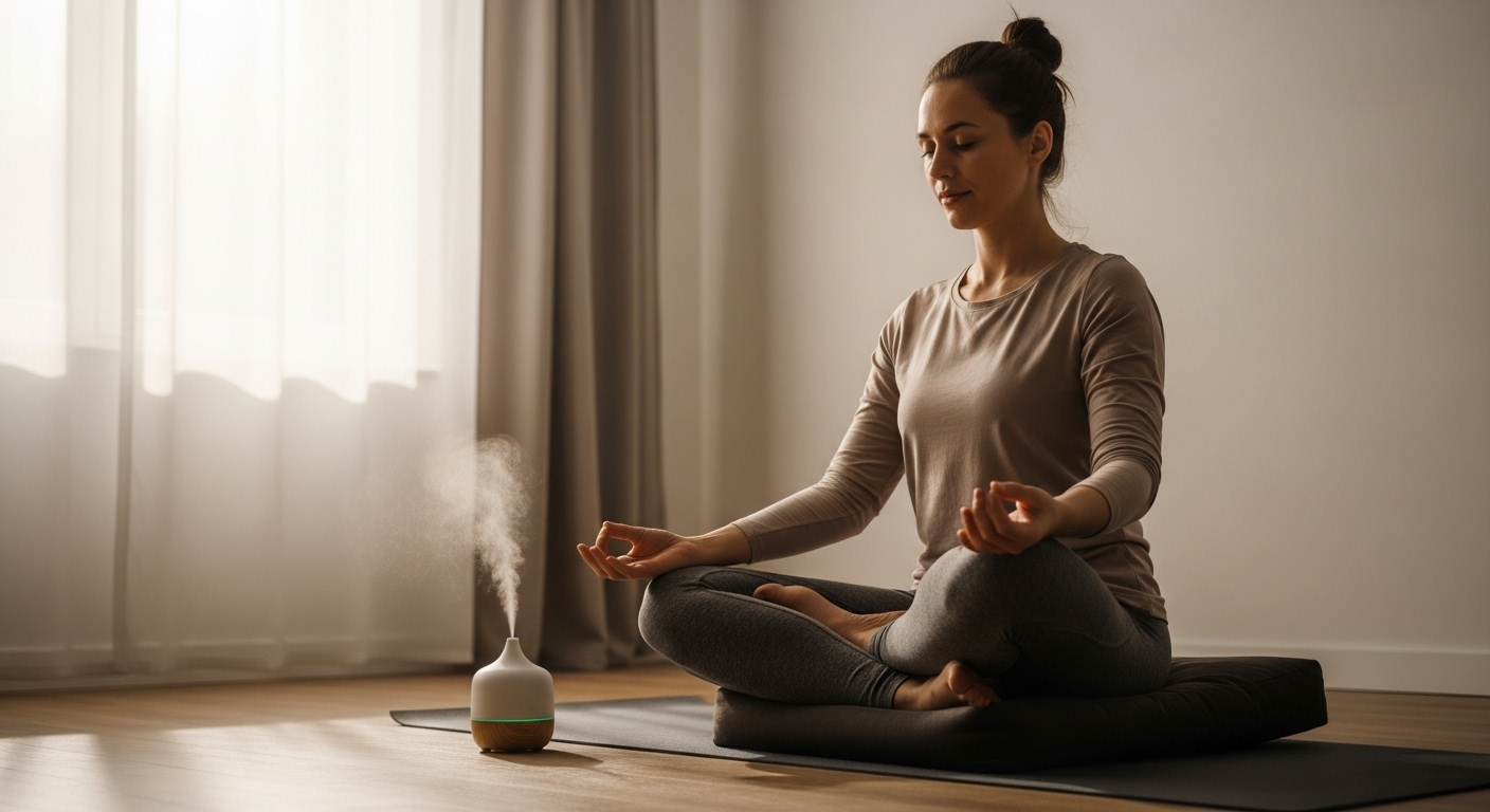 창가에서 마음챙김 명상을 하며 마음의 평온을 찾고 있는 사람