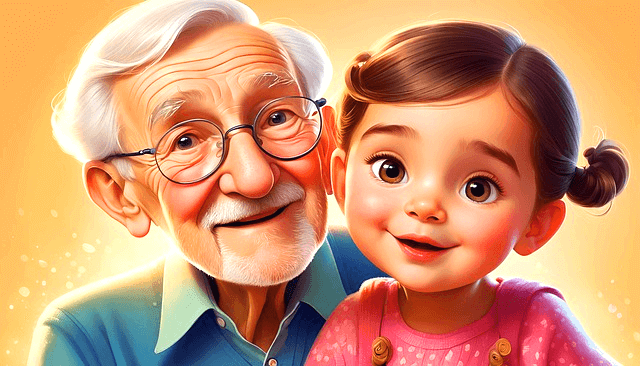 백발의 할아버지와 어린 손녀가 나란히 앉아 정면을 바라본다.