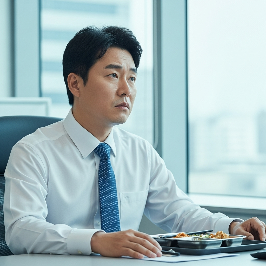 사무실에서 동료들과 점심 식사를 마친 한 40대 한국인 직장인이 창밖을 보며 오후의 혈당과 식곤증을 걱정하는 모습