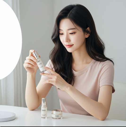 피디알엔 제품 가격대, 피디알엔 화장품 가격을 보는 여성 사진