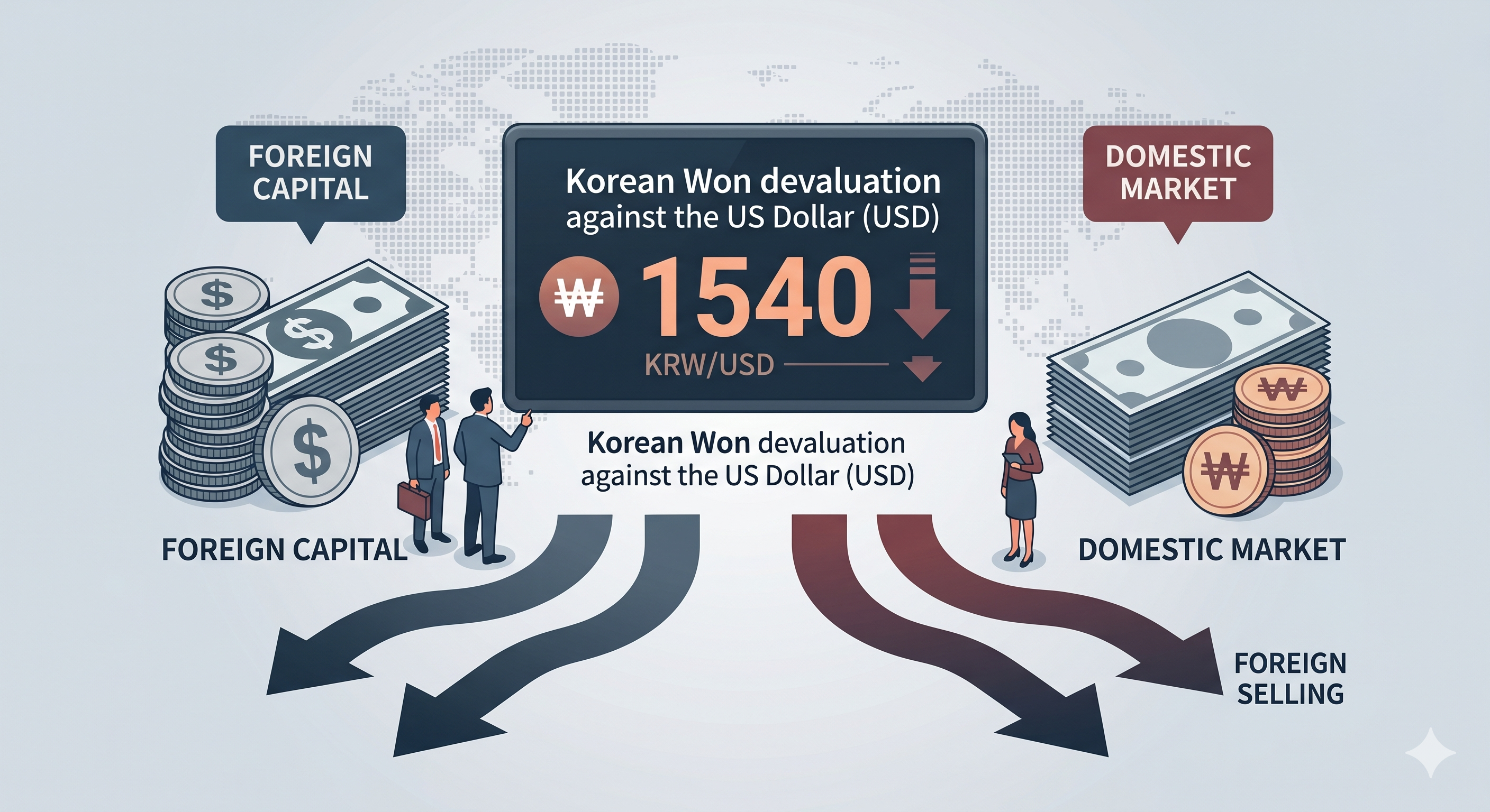 원달러 환율 상승과 외국인 투자자 매도세를 상징하는 일러스트