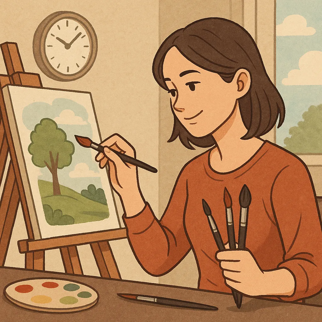 그림-그리기에-몰입한-여성이-따뜻한-햇살-아래에서-시간-가는-줄-모르는-모습으로,-집중과-몰입이-뇌의-플로우-상태를-유발하는-과정을-표현한-일러스트