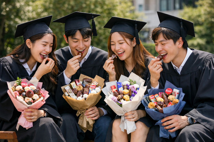 졸업식 직후 간식 꽃다발을 함께 나눠 먹는 학생들의 모습.