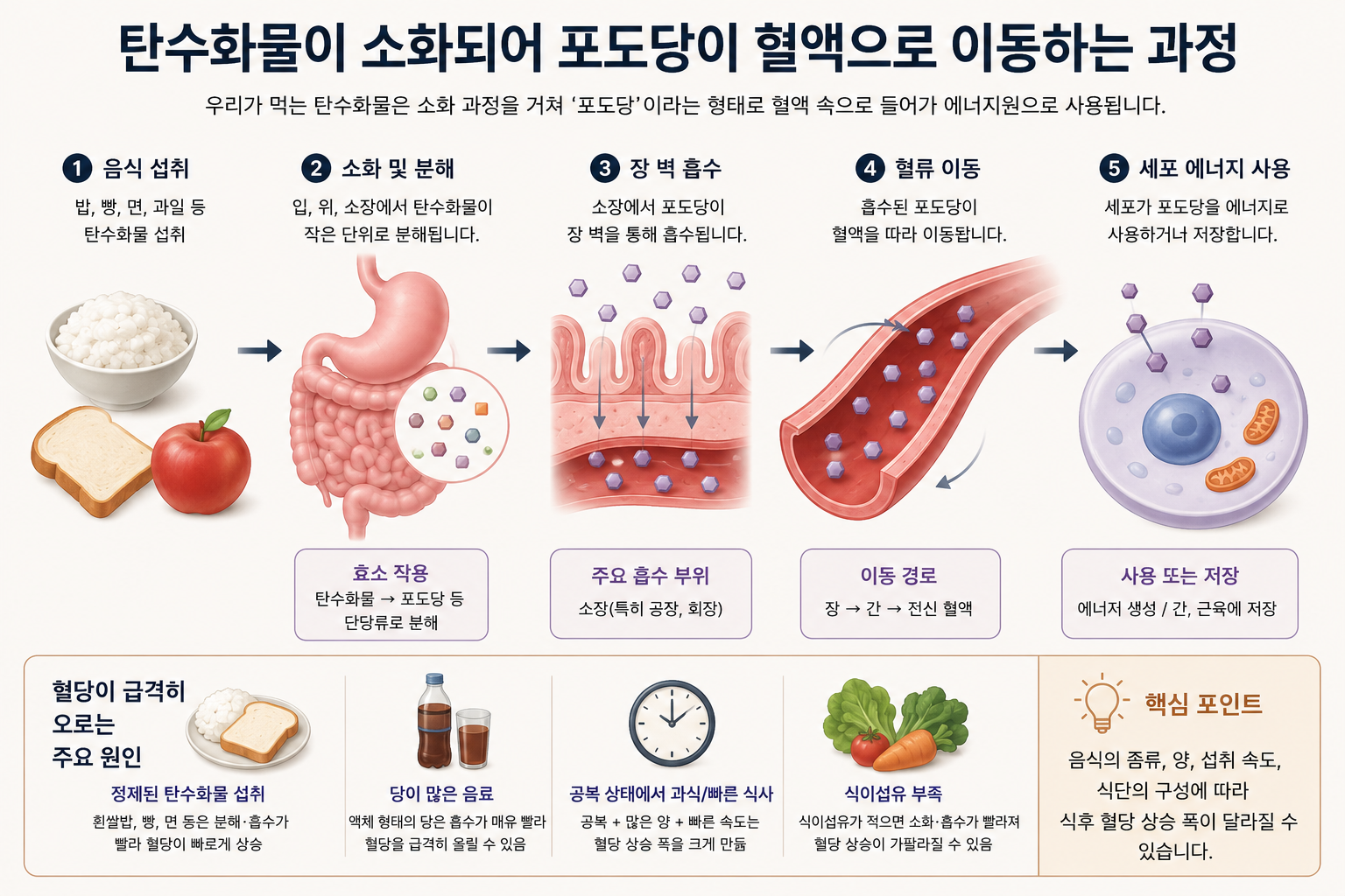 탄수화물이 소화되어 포도당이 혈액으로 이동하는 과정