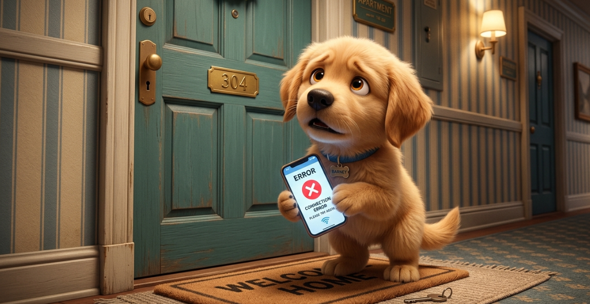 스마트폰을 들고 당황해하는 아기 리트리버 / Confused puppy holding a smartphone.