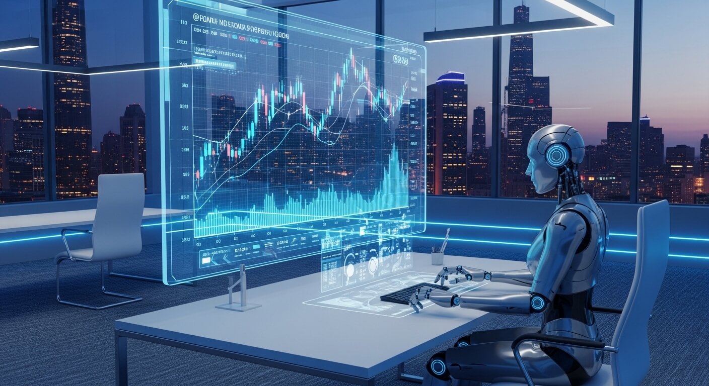 로봇이 주식모니터를 보고 있는 장면