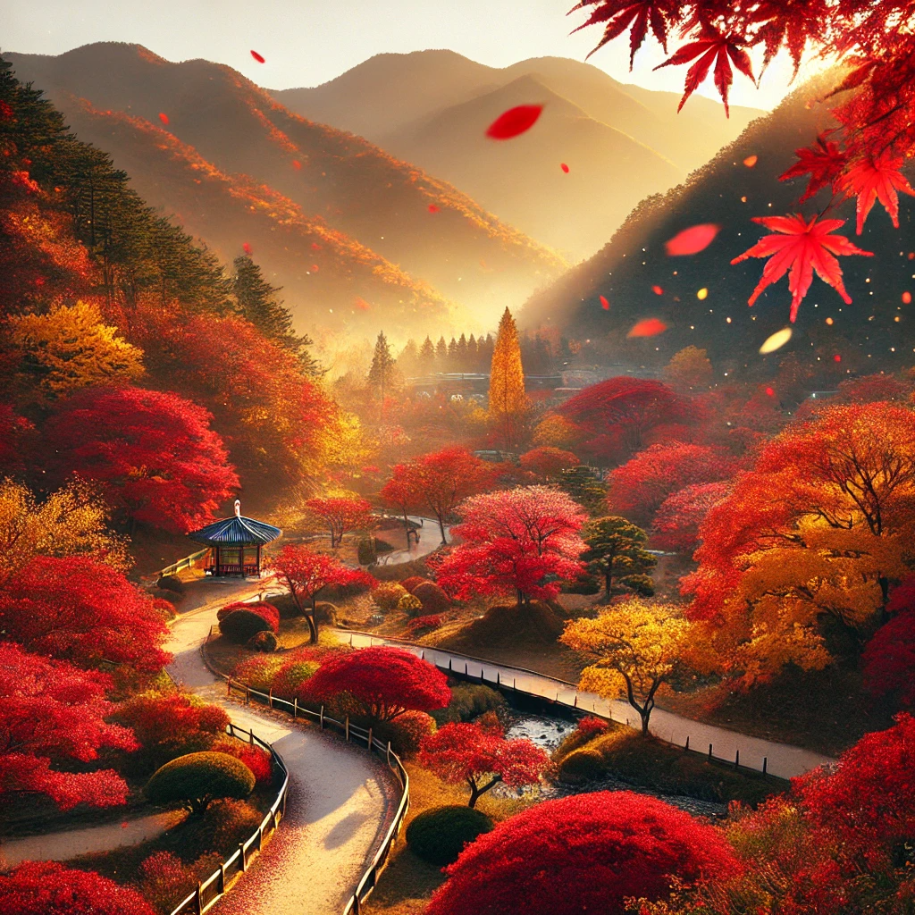 광주 평촌의 가을 풍경, 단풍이 물든 나무들과 맑은 하늘이 어우러진 아름다운 경치